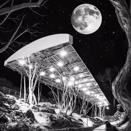 a black and white image of a full moon behind an empty pavilion
