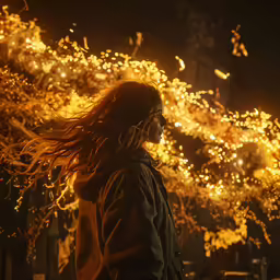 a woman looking at fireworks with long hair