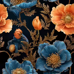 this blue and orange flower arrangement is one example of the art work, which has many flowers in it