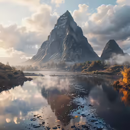 a mountain, lake, and forest in the mist