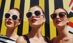 a group of women with fake lipstick and sunglasses on