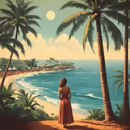 a painting of a woman in a dress looking out at the beach and palm trees