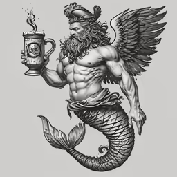 a mermaid with a coffee mug in his hand