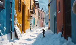 a street full of people walking around the snow