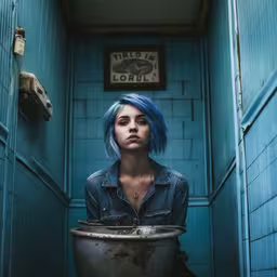 a woman with blue hair in the doorway,a woman with blue hair is standing by the door