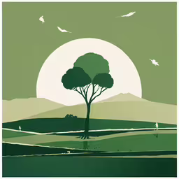 the tree and its shadows, as seen in a screen print,a picture of trees in the sunlight over hills