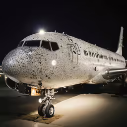 a airplane sitting on the tarmac at night