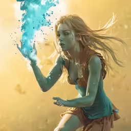 a woman wearing green clothes holding a blue substance