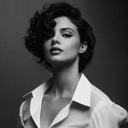 a woman wearing a white shirt poses in front of a black and white background