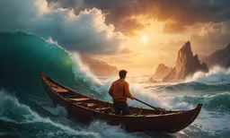 the person stands in a rowboat on a rough ocean,a man is paddling a canoe in the ocean