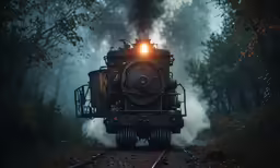 a train traveling through the forest at night
