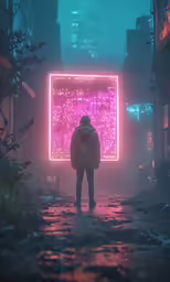 person standing in front of an illuminated billboard on the street