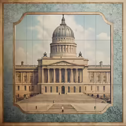 a painting with some blue clouds above the building