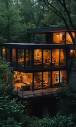 this is a home surrounded by trees in the evening