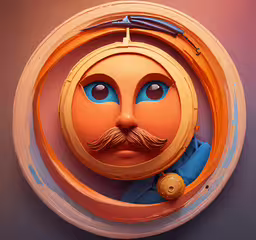 a picture of a wall mounted round object with a mustache,there is a wall clock with a face and mustache in the middle