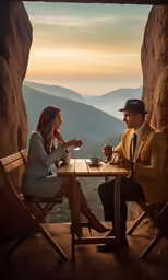an attractive couple sitting at a table enjoying some coffee