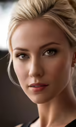 a beautiful blond woman wearing black with blue eyes