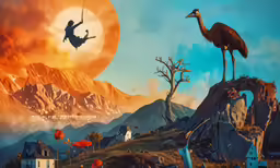 a painting of a bird perched on a hill
