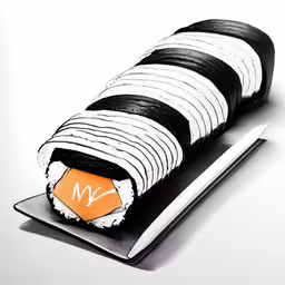 the black and white sushi is laying on top of a board