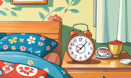 an alarm clock sitting next to an unmade bed