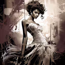 an abstract painting of a woman in a dress,woman in white dress standing near tall buildings