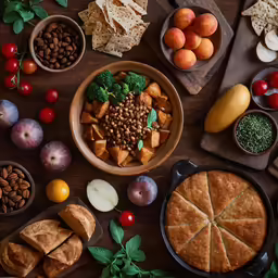 there are fruits, snacks and crackers scattered on the table