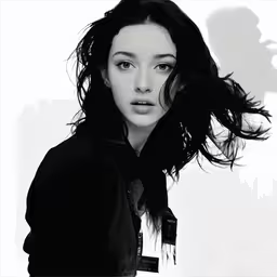 a woman in a black jacket with long hair,a young woman posing for a black and white photo
