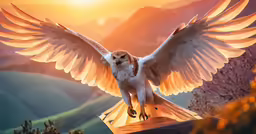 the bird with wings spread is flying towards the camera