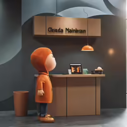 a doll stands at a counter at a restaurant