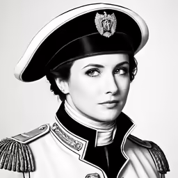 a black and white photo of a woman in uniform