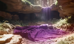a woman laying on top of a lush green field next to a waterfall