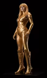 a woman in gold shiny outfits on black background