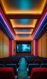 a theatre with seats set up as a film,a brightly lit theatre with red seats, and a projector