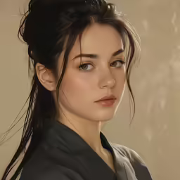 a young woman with flowing hair and a black jacket looks directly into the camera