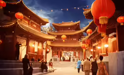 an illustration of a crowded street lined with chinese buildings and red lanterns