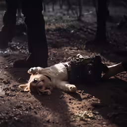 there is a dog that has fallen asleep in the dirt