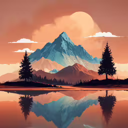the sun sets over the mountains, and reflection is visible in the water,a painting of a mountain scene and a lake