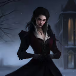 an animated woman dressed in black clothes stands on a snow covered pathway,a young woman in a dress wearing black, white and red