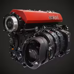 a red camera with the camera body removed