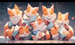 six plastic foxes with scarves are standing together