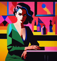 an image of woman with colored background sitting on table,a woman in a green dress sits on a bar