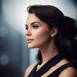 a beautiful woman with blue eyes is looking away