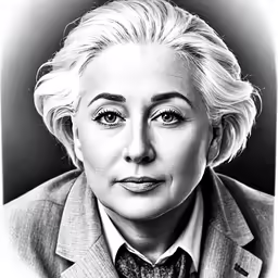 a black and white photo of a woman with blonde hair and wearing a suit