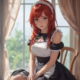 a young red haired girl sitting on a chair