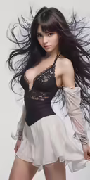a woman in a skirt and top with long hair