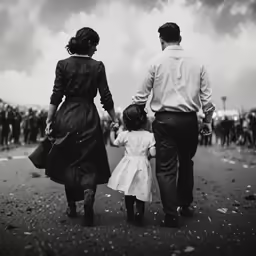 an image of a man and woman walking with a child