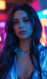 a woman with long black hair wearing blue jacket
