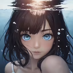 the head and shoulders of an anime girl under water with blue eyes