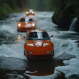 a row of cars parked in a stream