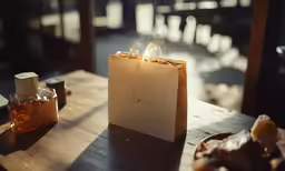 a burning paper bag on a table with a lightening candle